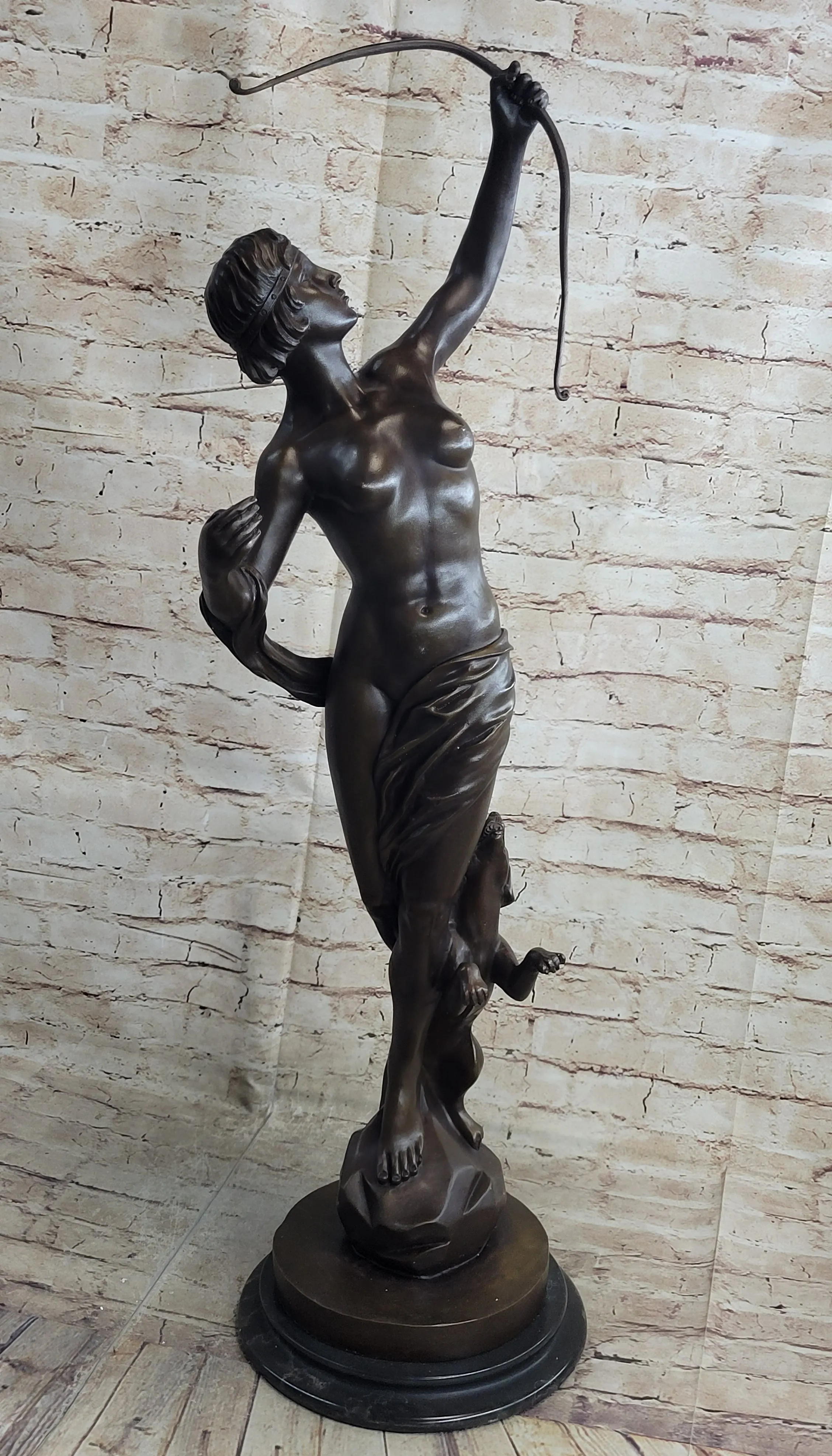 Artemis Diana the Huntress Goddess with Dog Bronze Statue Sculpture Figure Marble Base