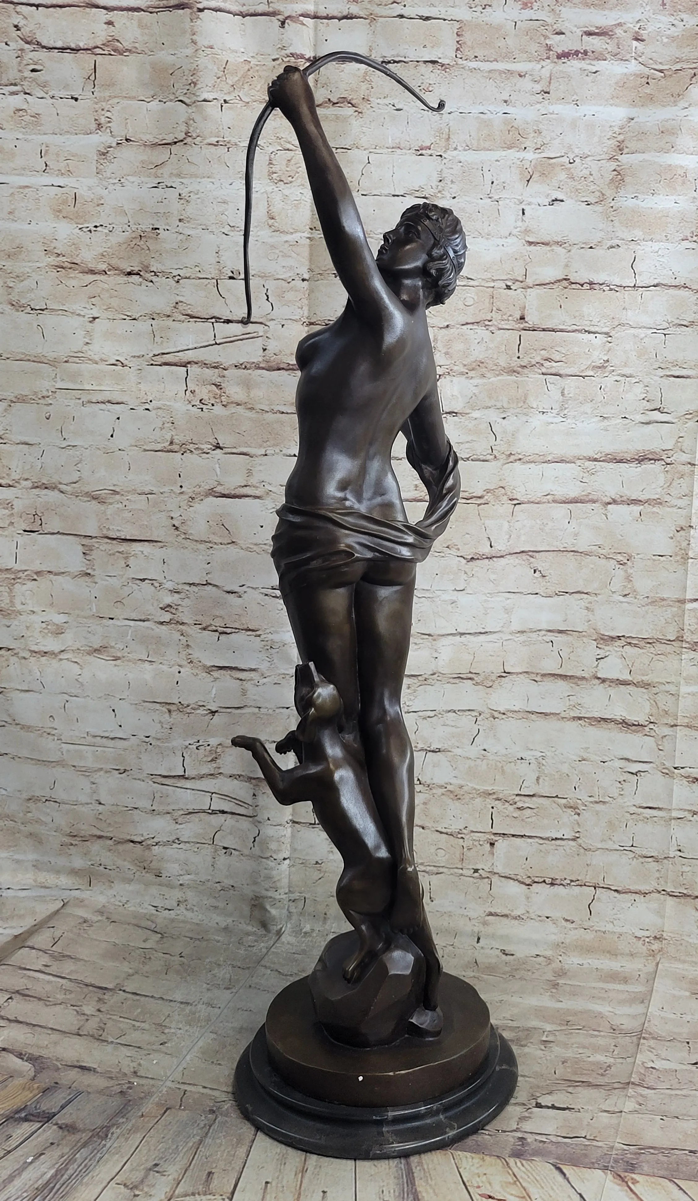 Artemis Diana the Huntress Goddess with Dog Bronze Statue Sculpture Figure Marble Base