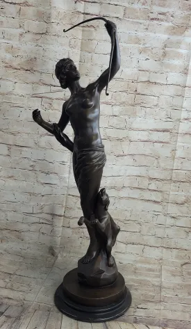 Artemis Diana the Huntress Goddess with Dog Bronze Statue Sculpture Figure Marble Base