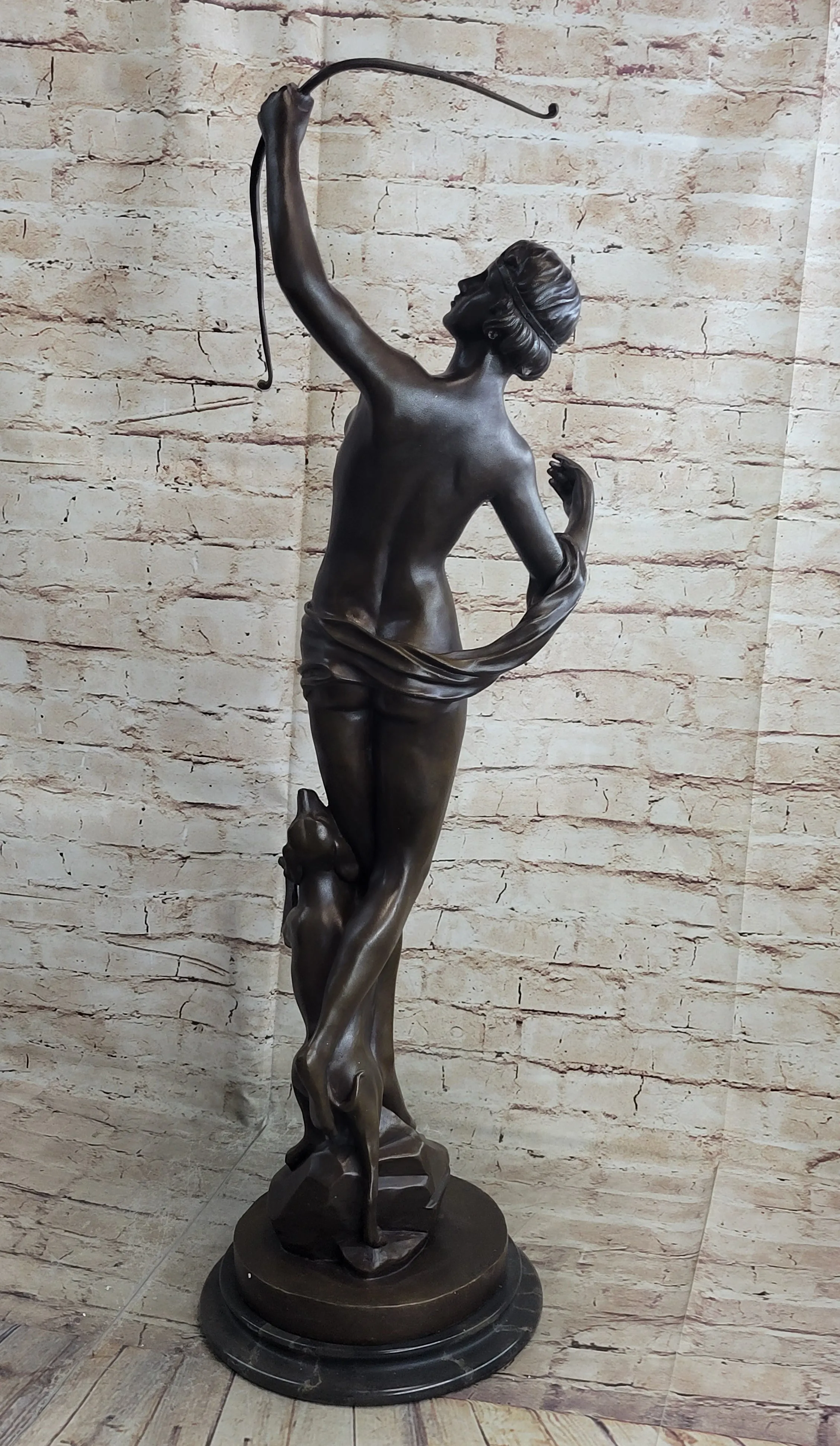 Artemis Diana the Huntress Goddess with Dog Bronze Statue Sculpture Figure Marble Base