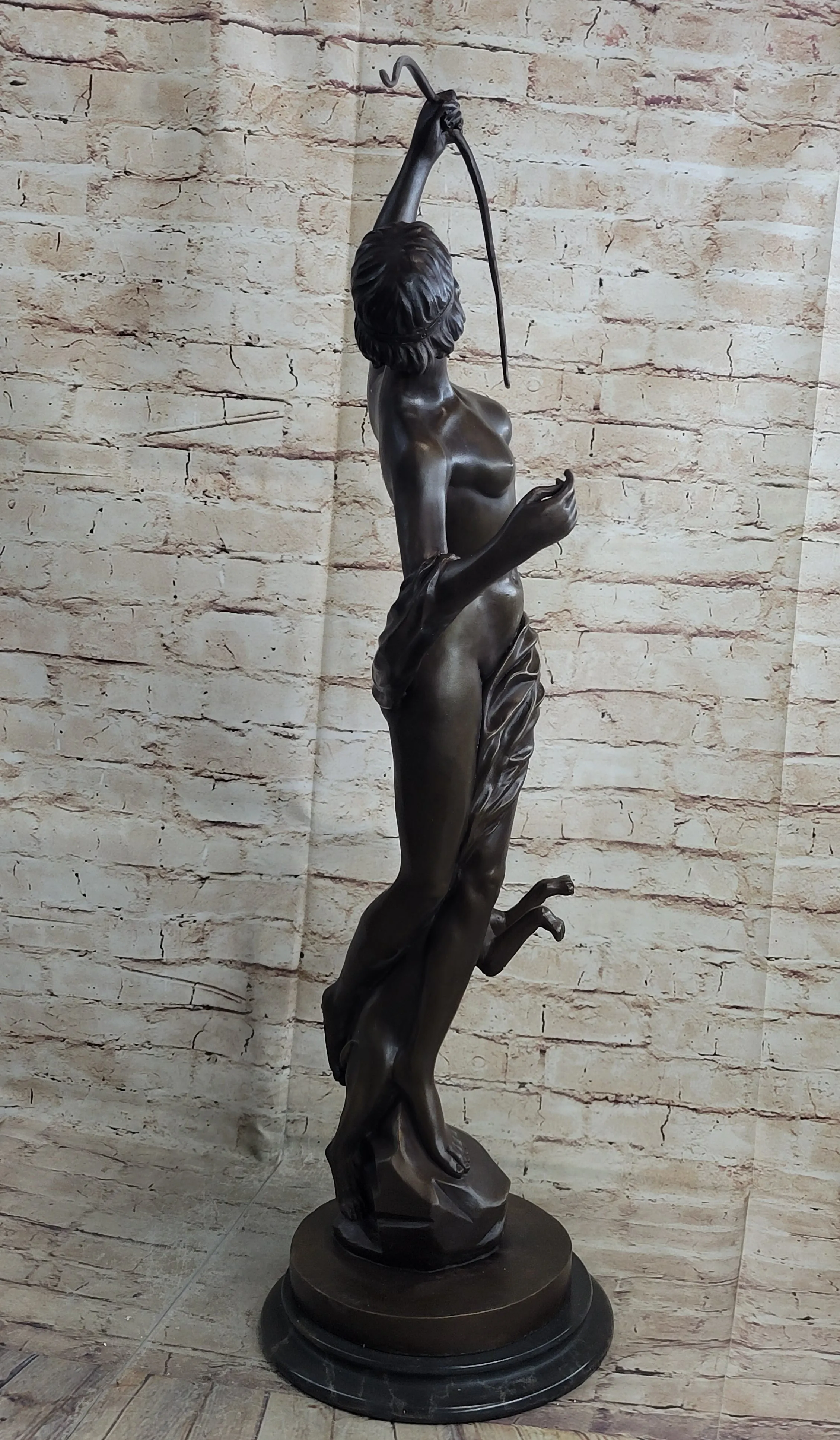Artemis Diana the Huntress Goddess with Dog Bronze Statue Sculpture Figure Marble Base