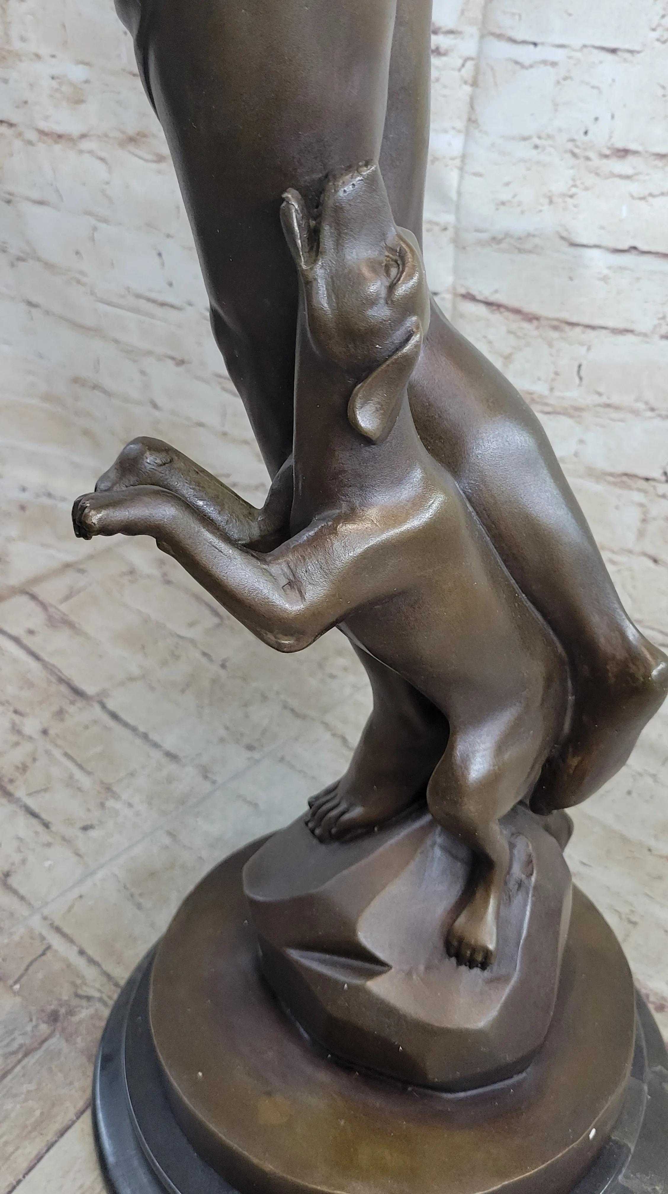 Artemis Diana the Huntress Goddess with Dog Bronze Statue Sculpture Figure Marble Base