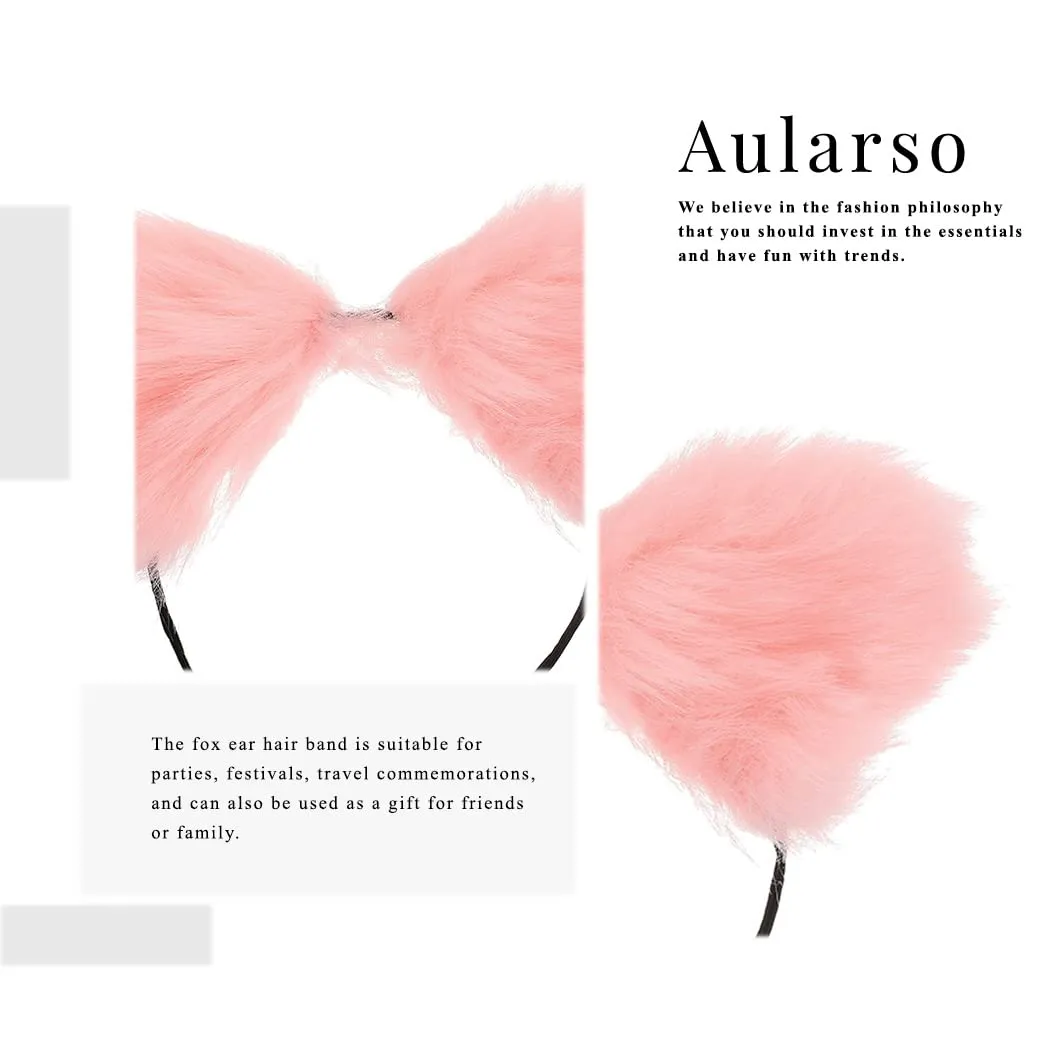 Aularso Cat Fox Fur Ears Headband Pink Hair Bands Anime Cosplay Costume Halloween Fancy Party Decorationes Hair Accessories for Women and Girls (Pink)