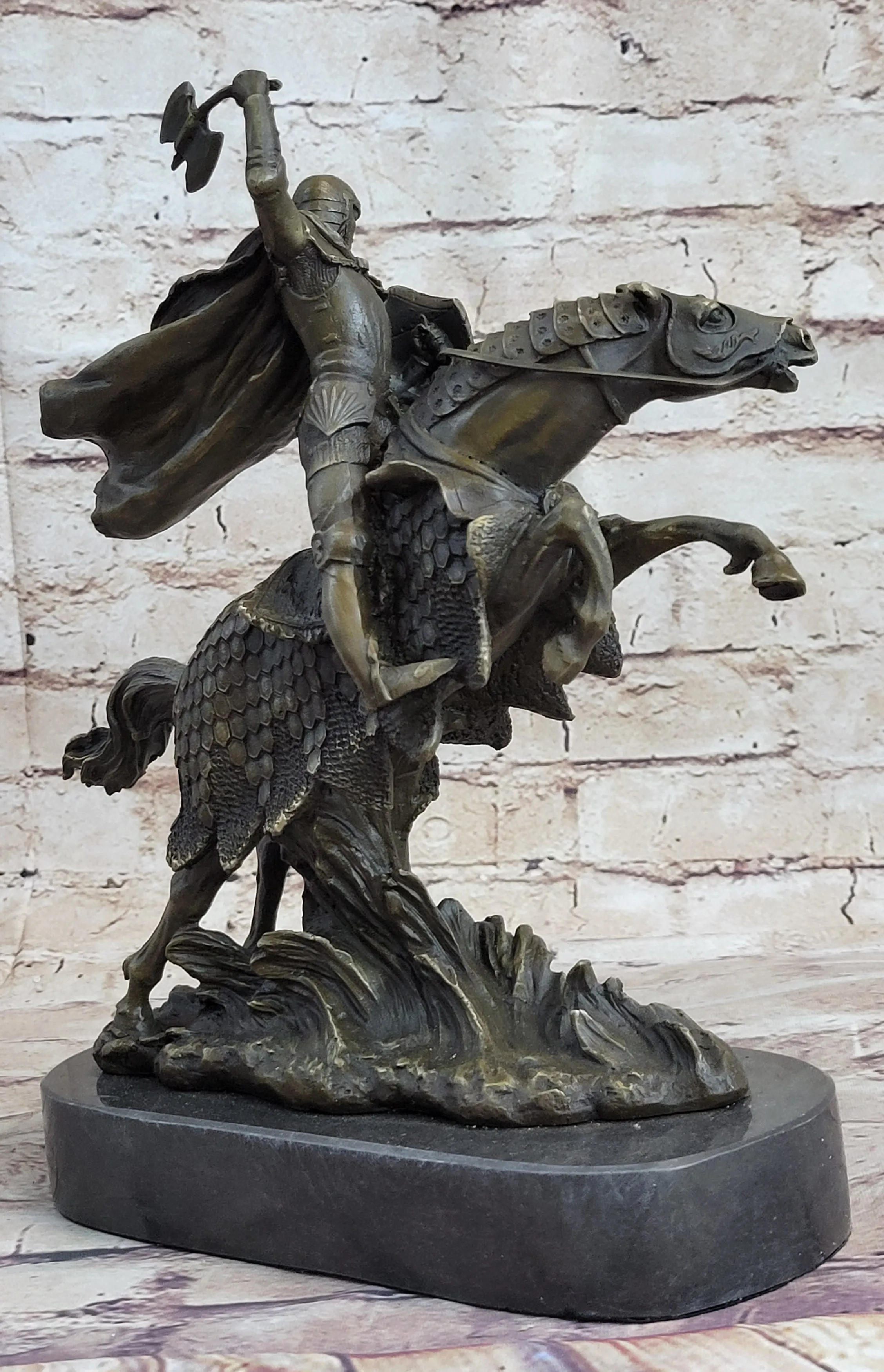 European Knight on Horseback Armored Horse Bronze Sculpture Statue Figure by Kamiko