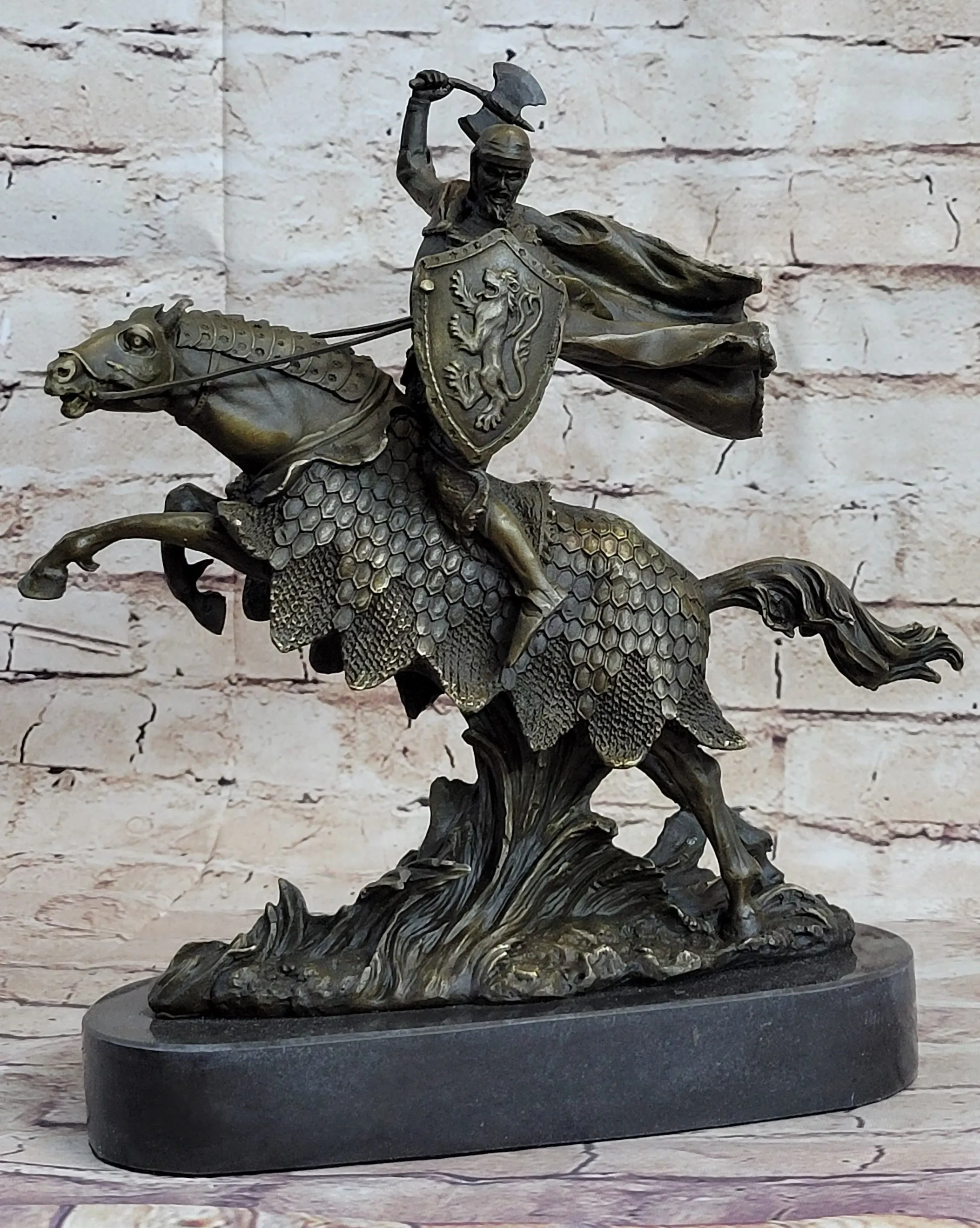 European Knight on Horseback Armored Horse Bronze Sculpture Statue Figure by Kamiko