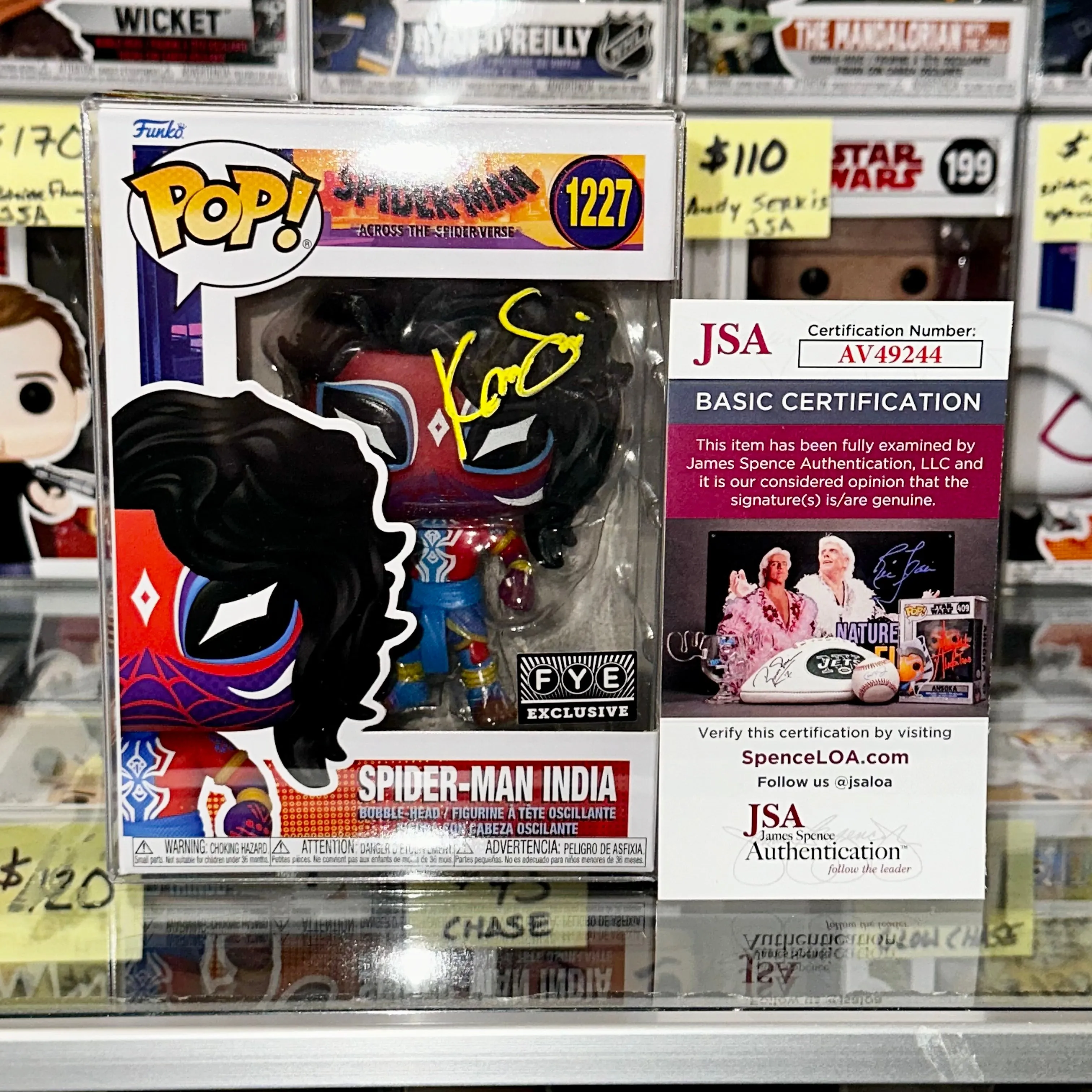 Karan Soni Signed (Deco) Spider-Man India Funko Pop! #1227 Across The Spider-Verse FYE Exclusive With JSA COA