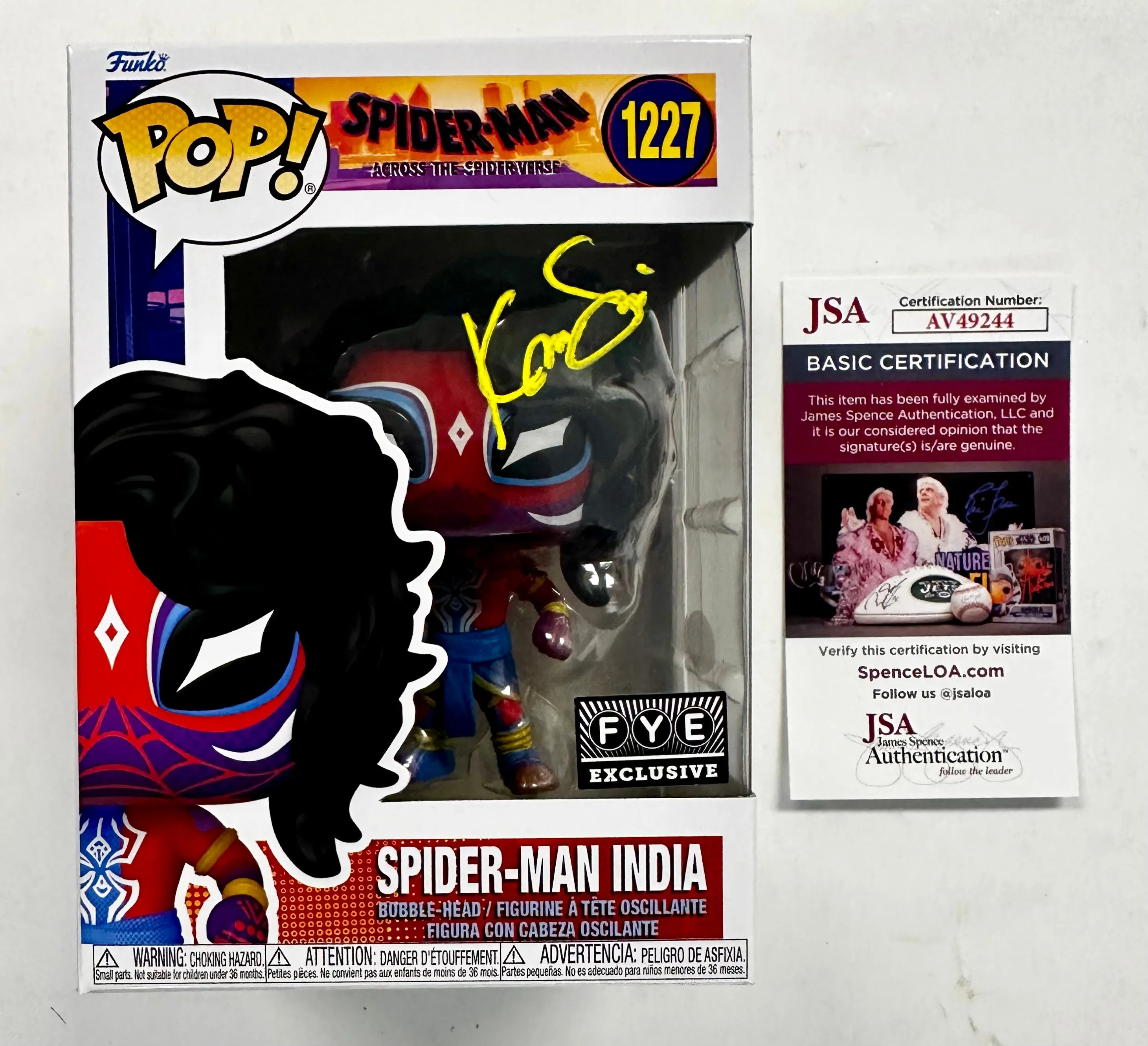 Karan Soni Signed (Deco) Spider-Man India Funko Pop! #1227 Across The Spider-Verse FYE Exclusive With JSA COA