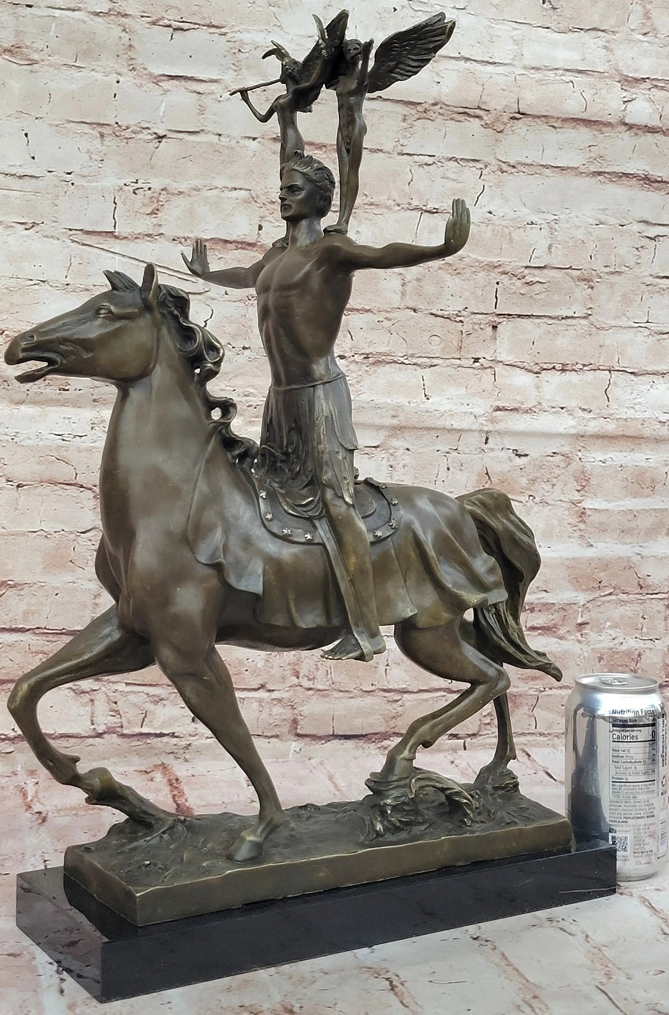 Majestic Bronze Sculpture of Warrior on Horseback with Winged Figures – Mythical Heroic Statue