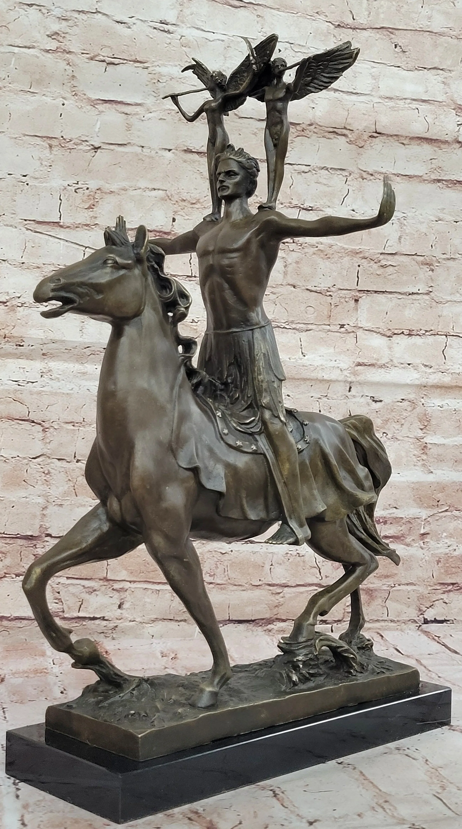 Majestic Bronze Sculpture of Warrior on Horseback with Winged Figures – Mythical Heroic Statue