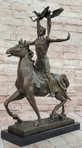 Majestic Bronze Sculpture of Warrior on Horseback with Winged Figures – Mythical Heroic Statue