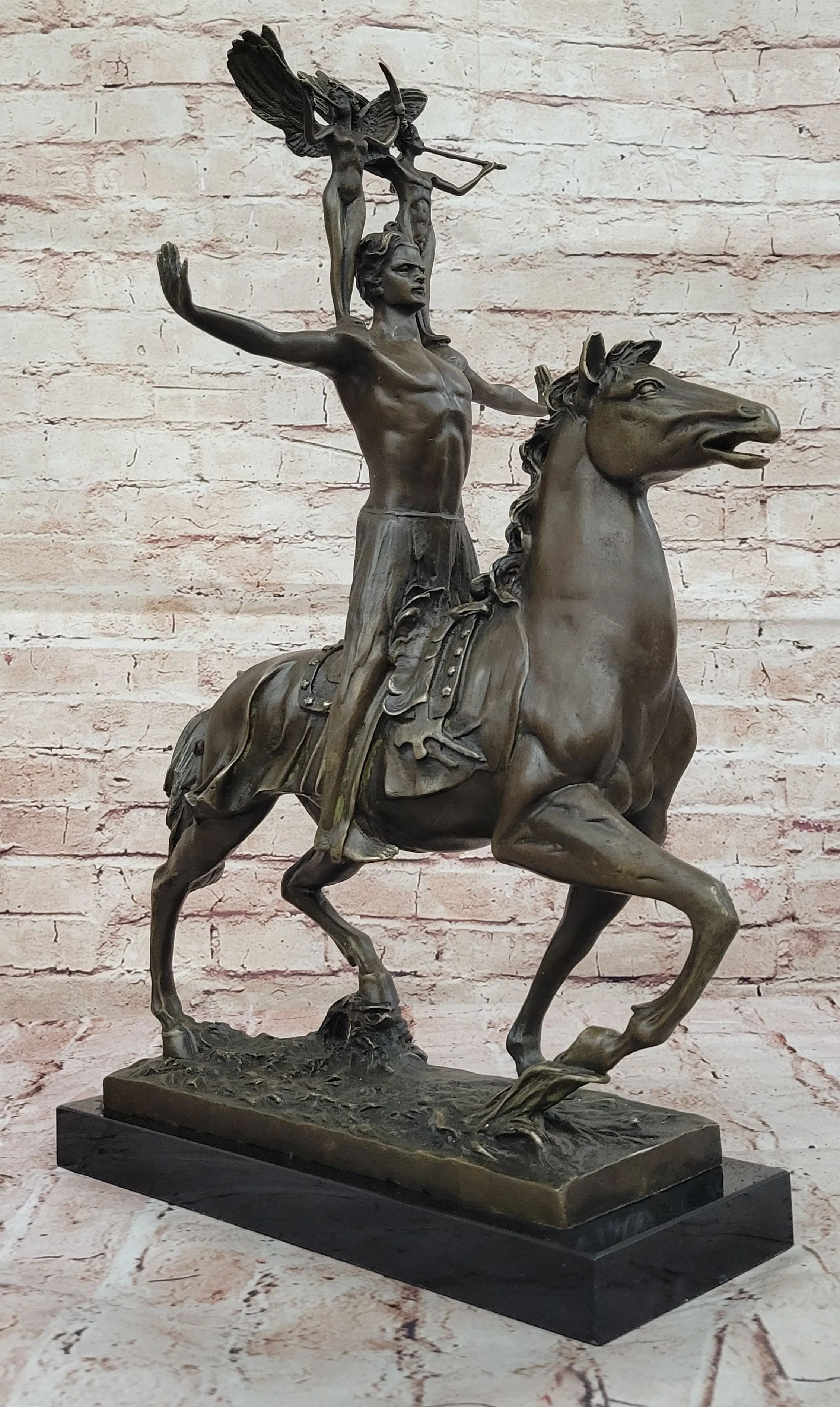 Majestic Bronze Sculpture of Warrior on Horseback with Winged Figures – Mythical Heroic Statue