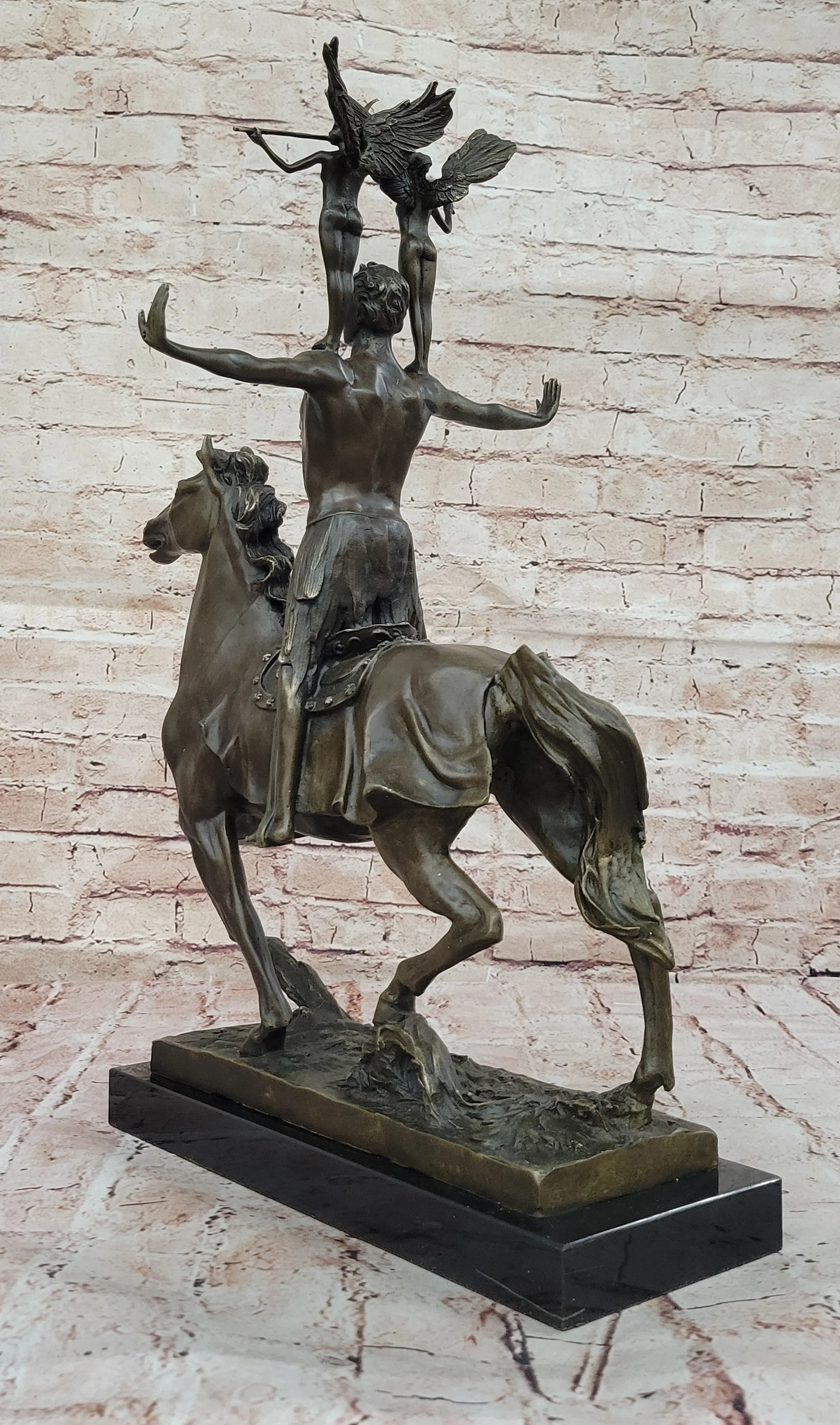 Majestic Bronze Sculpture of Warrior on Horseback with Winged Figures – Mythical Heroic Statue