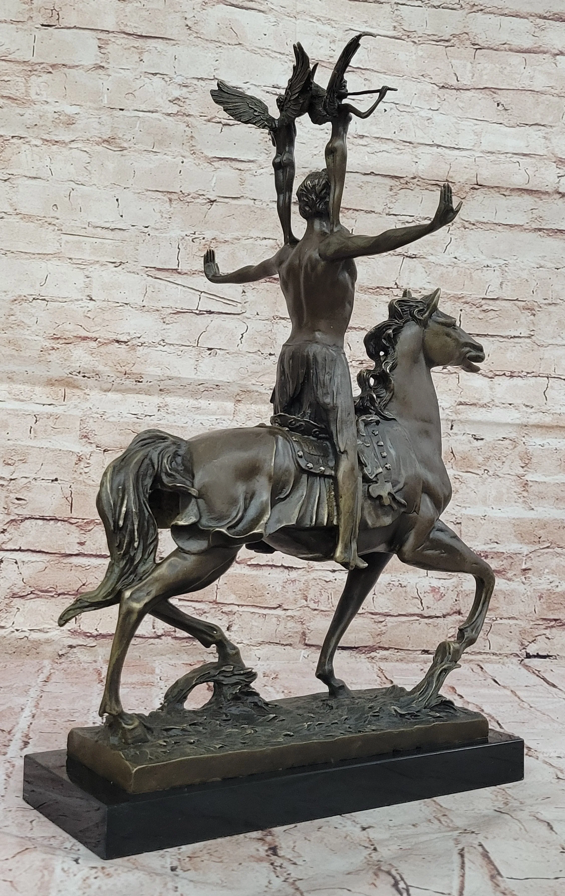 Majestic Bronze Sculpture of Warrior on Horseback with Winged Figures – Mythical Heroic Statue