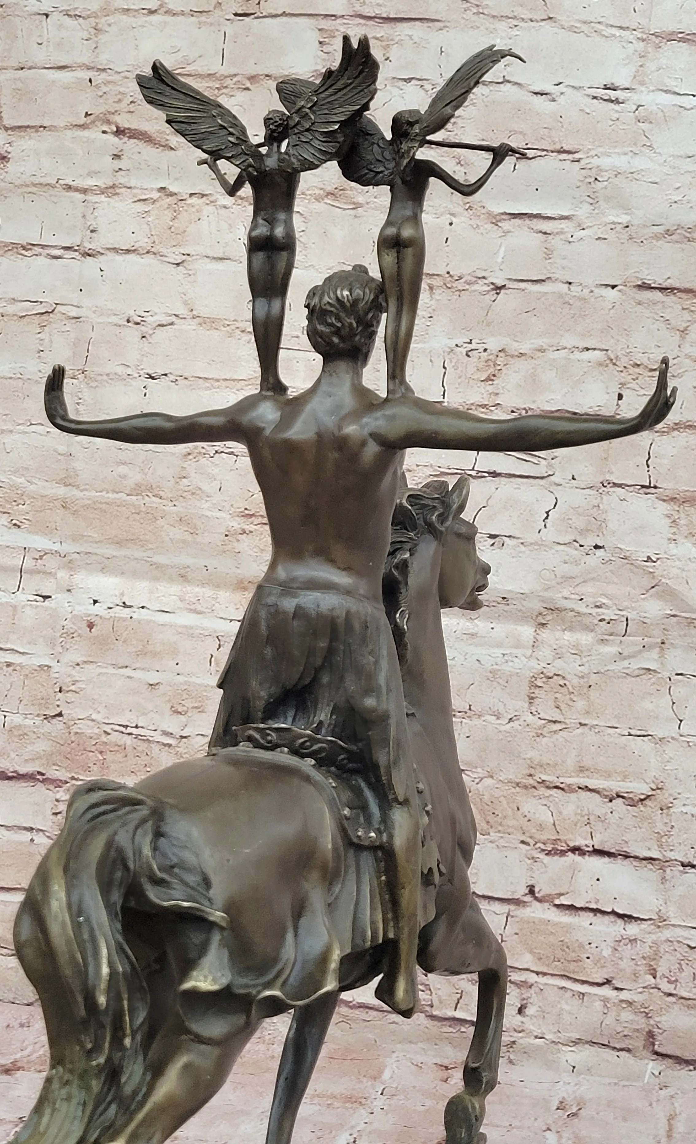 Majestic Bronze Sculpture of Warrior on Horseback with Winged Figures – Mythical Heroic Statue