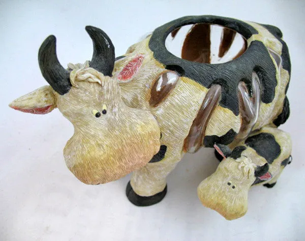 MOTHER and CHILD Black Beige COW COWS FIGURINE Animal Figurines Table Glass HOLDER VASE BOWL