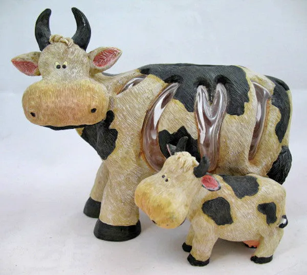 MOTHER and CHILD Black Beige COW COWS FIGURINE Animal Figurines Table Glass HOLDER VASE BOWL