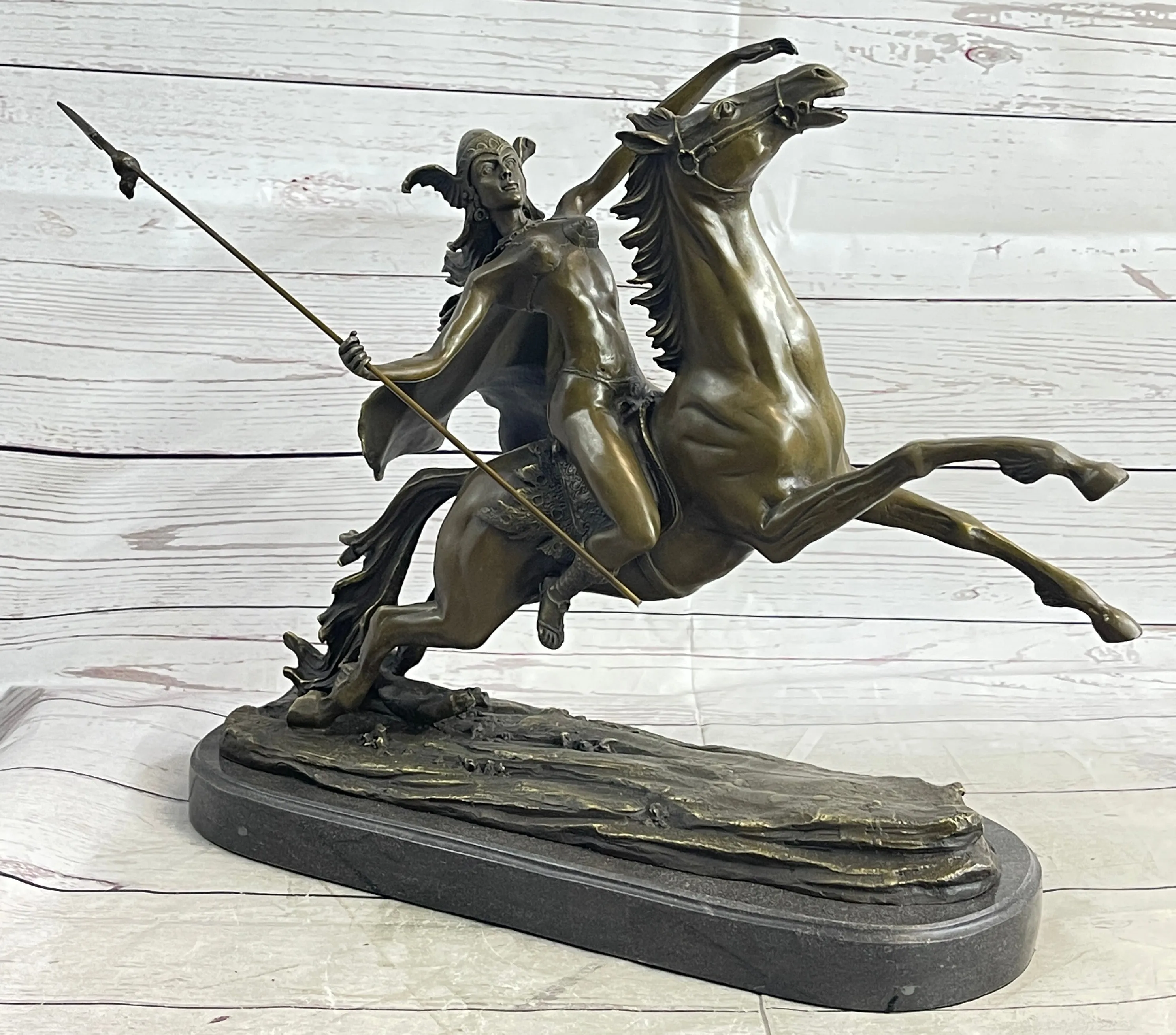 Nude Amazonian Female Warrior on Horseback Bronze Statue Sculpture Mythology 13"