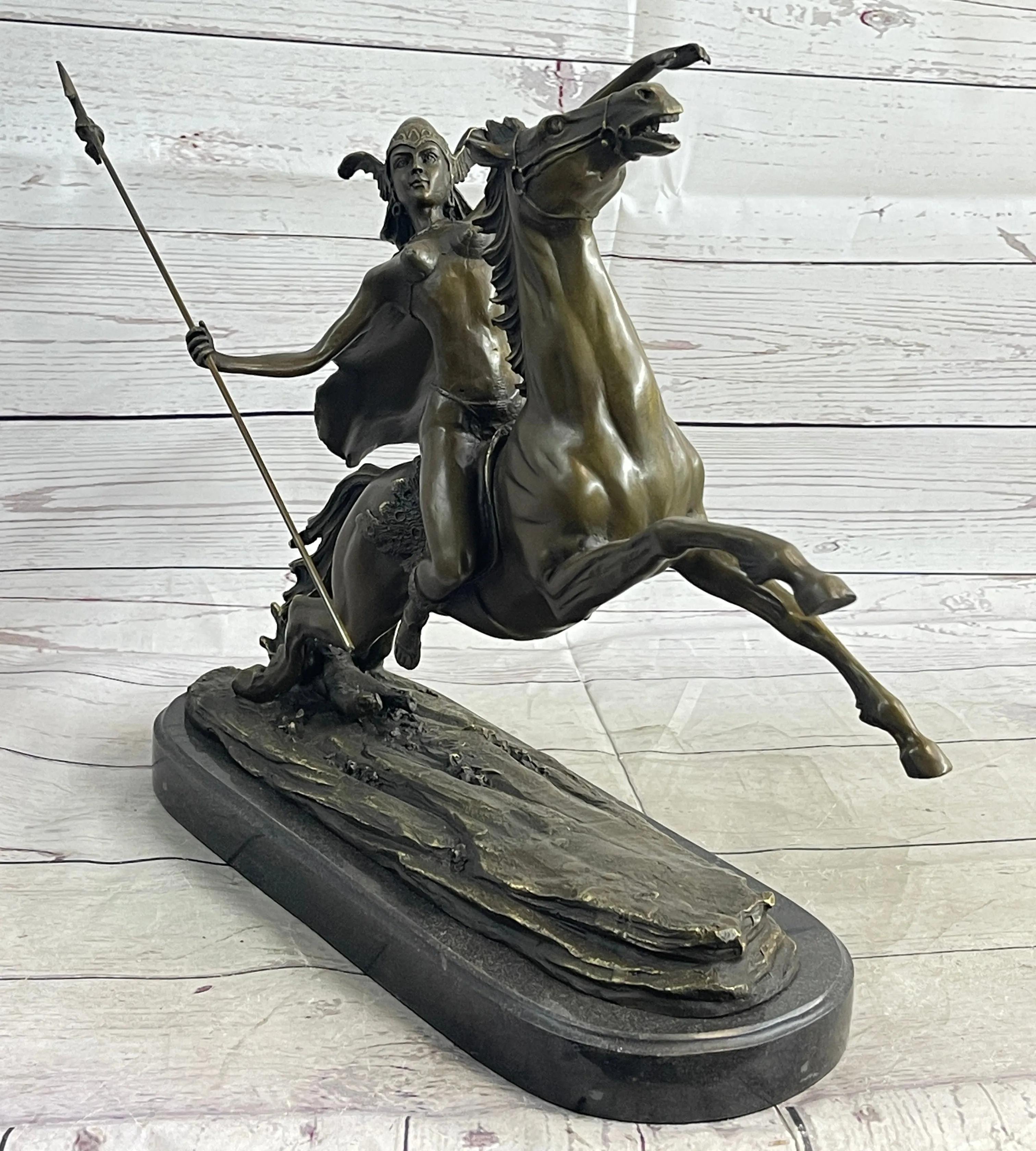 Nude Amazonian Female Warrior on Horseback Bronze Statue Sculpture Mythology 13"