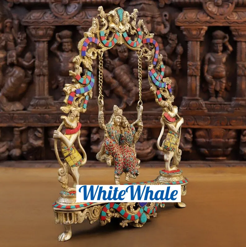 White Whale Brass Madhuram Anuraga Radha Krishna on a Swing - Spectacular Idol Made in Coimbatore and Embellished in Mysore | Best for Temple, Gifting