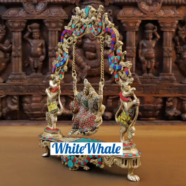 White Whale Brass Madhuram Anuraga Radha Krishna on a Swing - Spectacular Idol Made in Coimbatore and Embellished in Mysore | Best for Temple, Gifting
