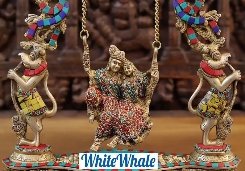 White Whale Brass Madhuram Anuraga Radha Krishna on a Swing - Spectacular Idol Made in Coimbatore and Embellished in Mysore | Best for Temple, Gifting