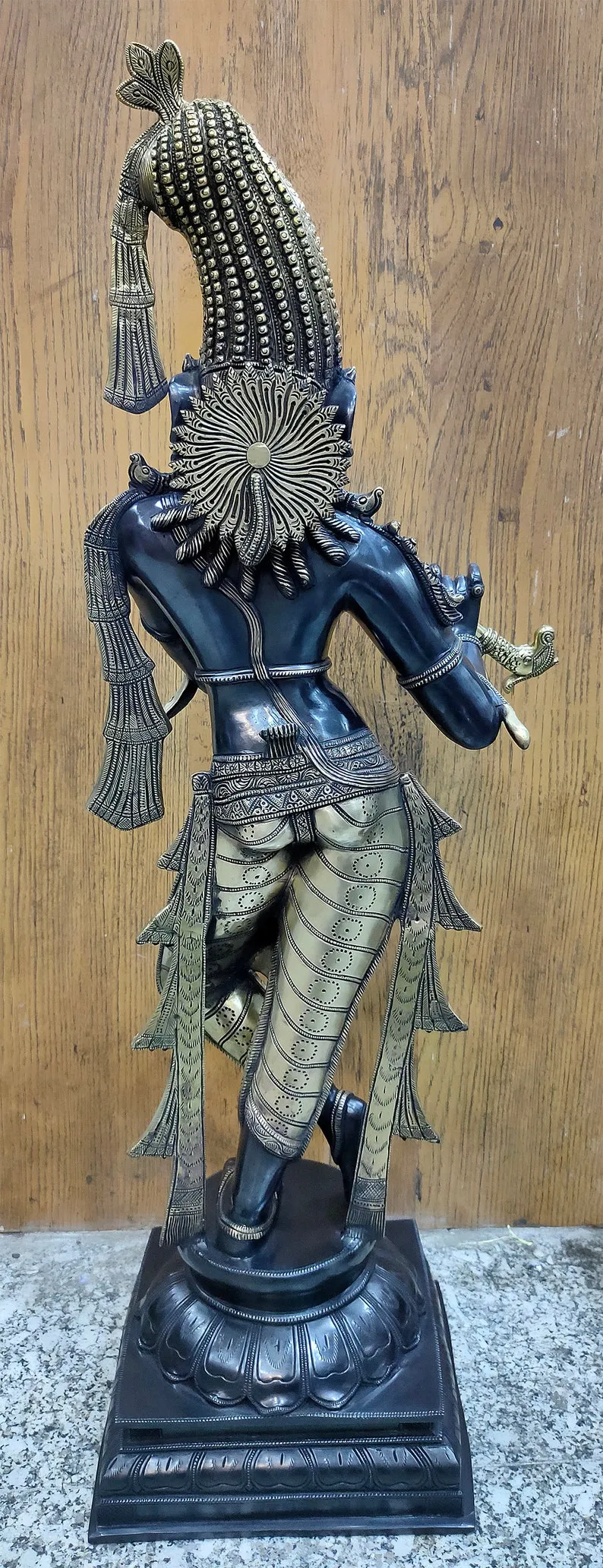 White Whale Brass Standing Lord Krishna Idol Bhagwan Large Statue Antique Murti for Home Decor Pooja Room - 35 Inch