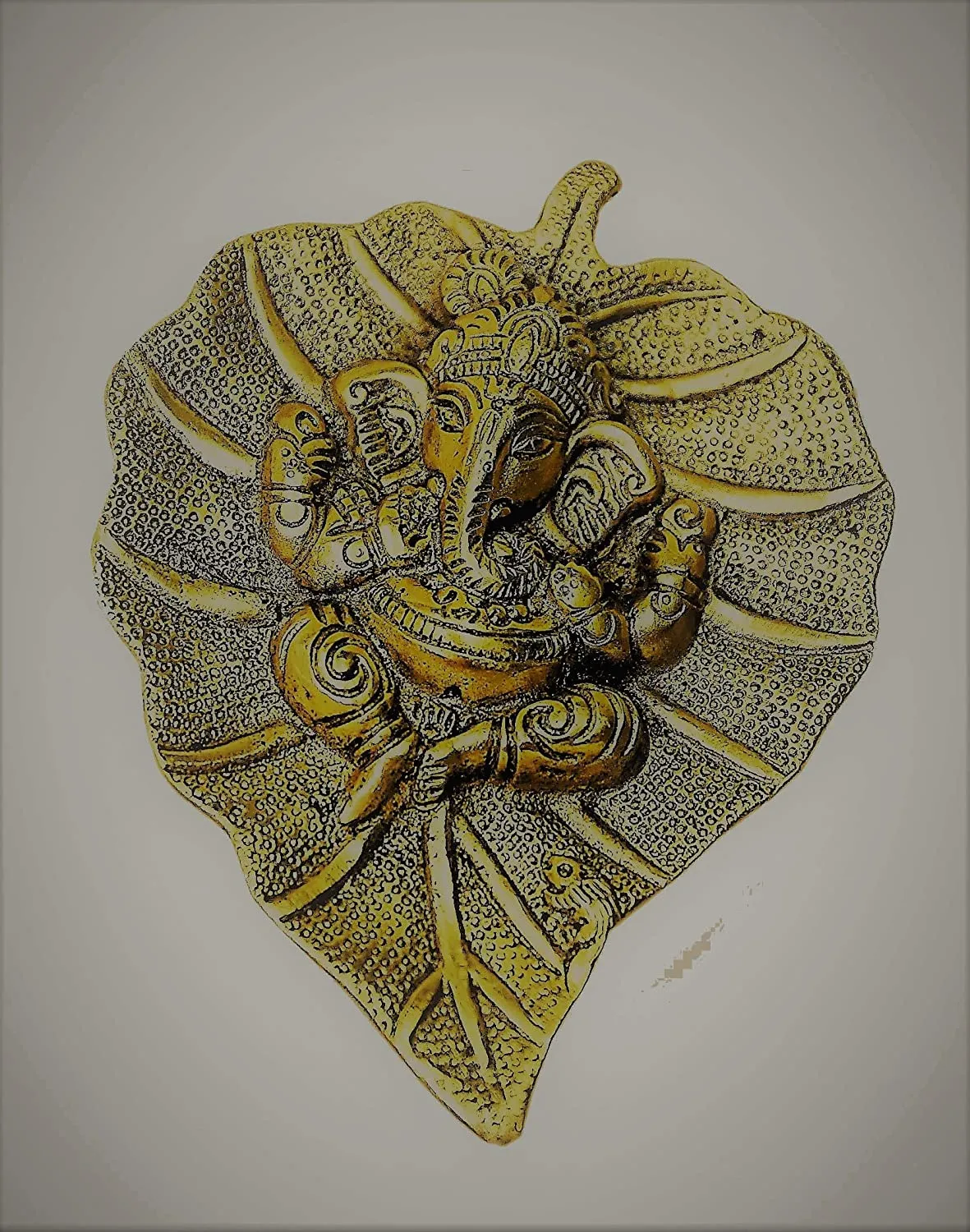 White Whale Lord Ganesh Ganapati The Elephant god Statue Figure on Leaf in Metal Wall Hanging Great Diwali
