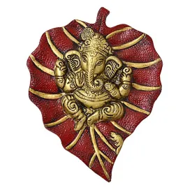 White Whale Lord Ganesh Ganapati The Elephant god Statue Figure on Leaf in Metal Wall Hanging Great Diwali