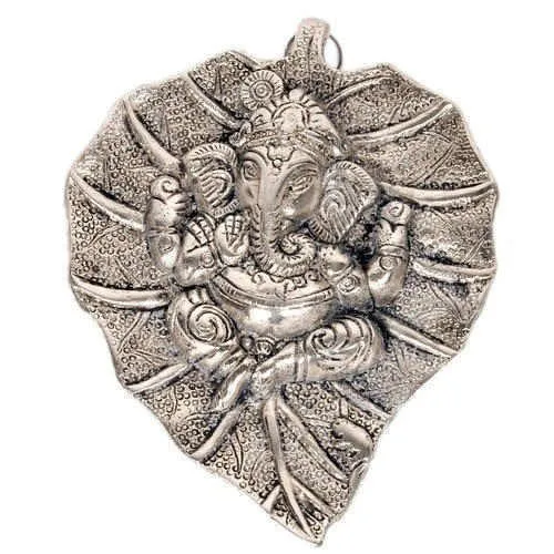 White Whale Lord Ganesh Ganapati The Elephant god Statue Figure on Leaf in Metal Wall Hanging Great Diwali