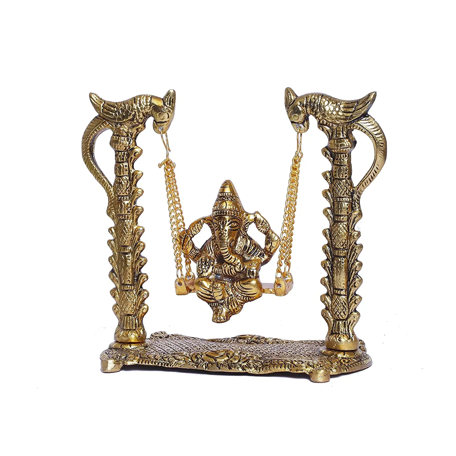 White Whale Metal Ganesh Ji on Swing Jhula Statue (Gold, Standard), (Pack of 1)
