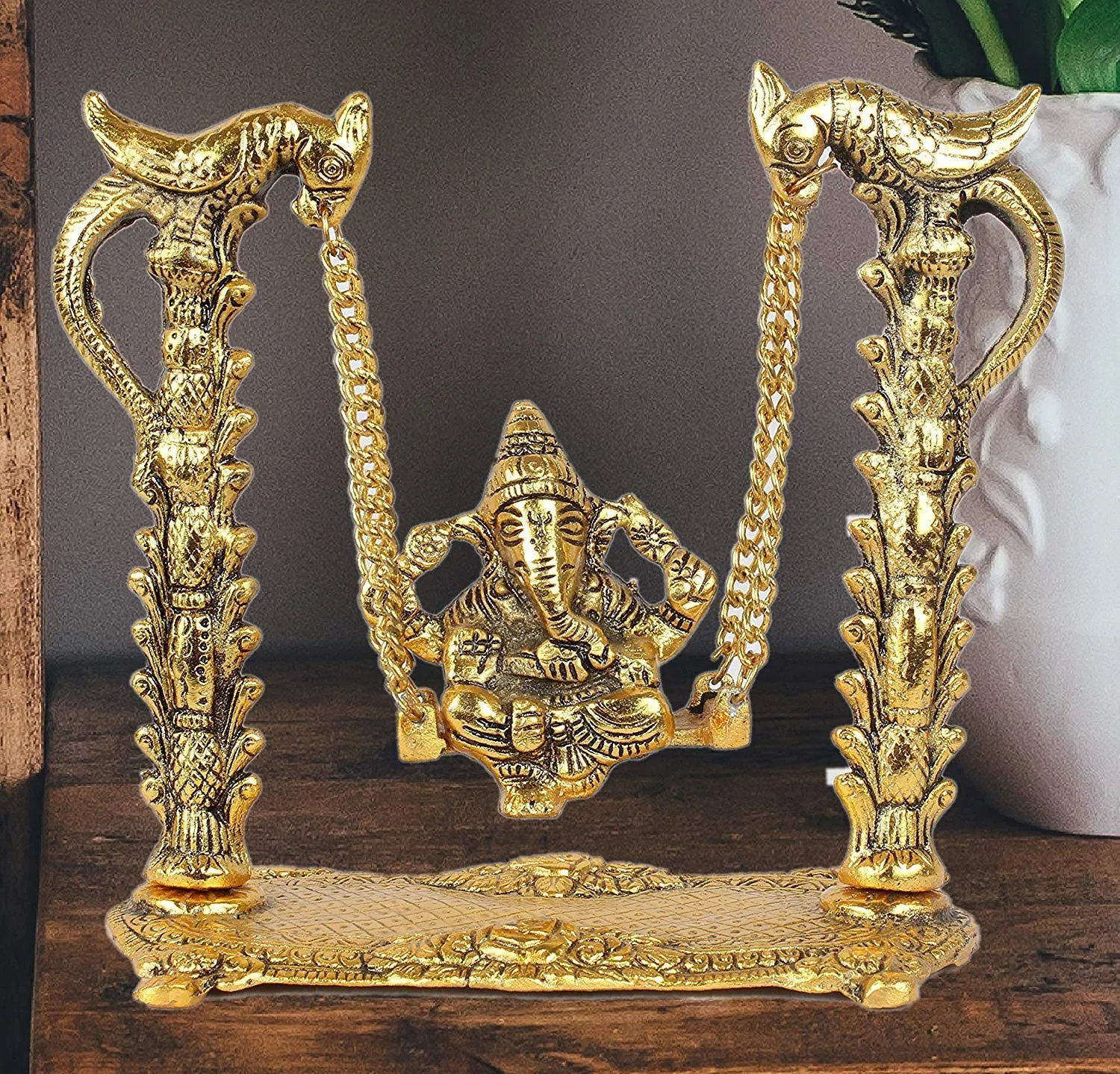 White Whale Metal Ganesh Ji on Swing Jhula Statue (Gold, Standard), (Pack of 1)