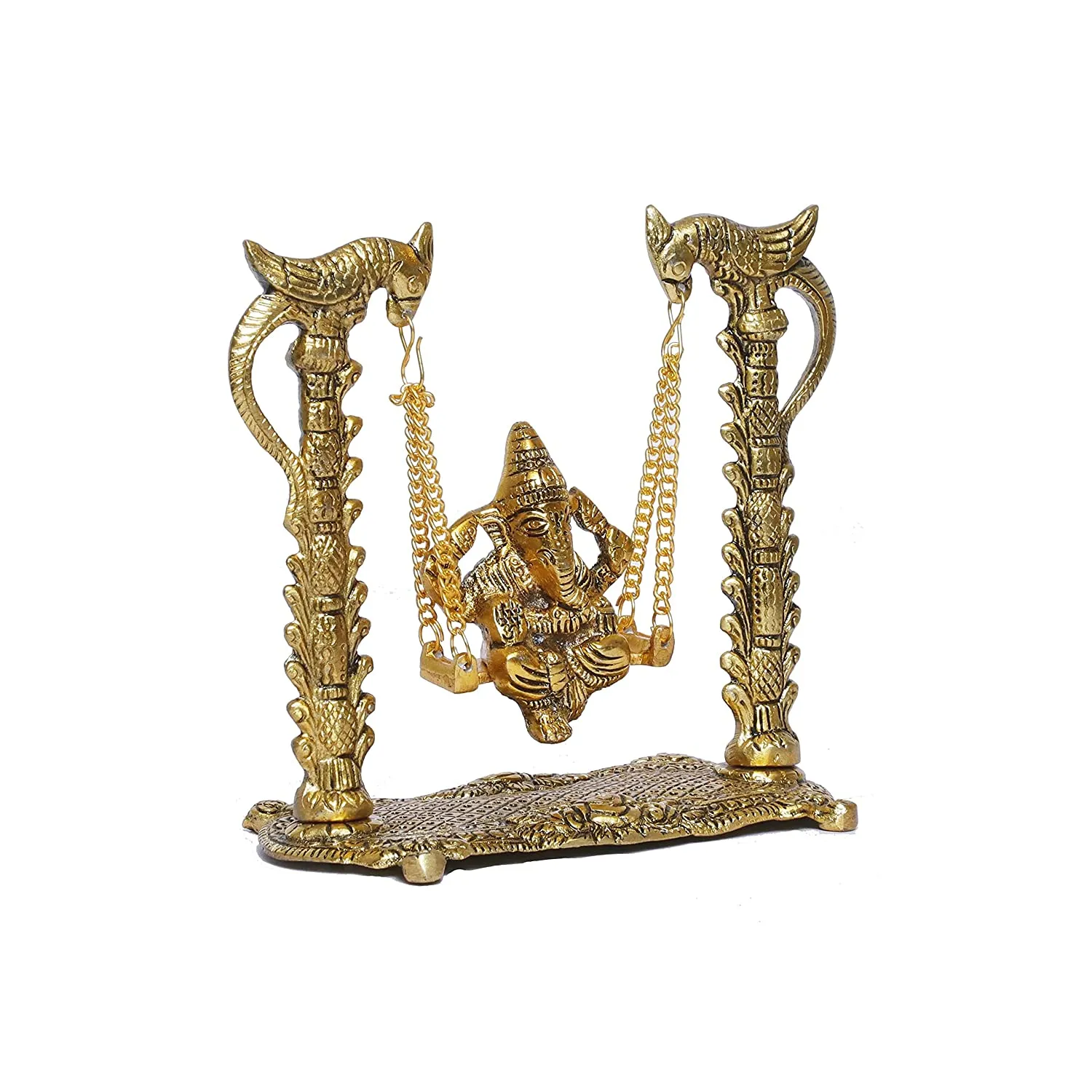 White Whale Metal Ganesh Ji on Swing Jhula Statue (Gold, Standard), (Pack of 1)